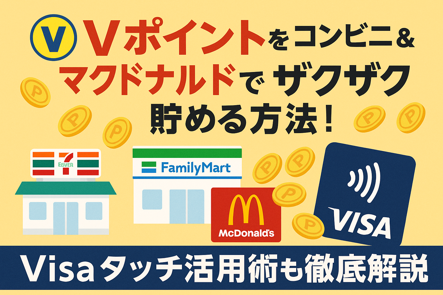 Vポイントをコンビニやマクドナルドで効率よく貯める方法を紹介するアイキャッチ画像。セブンイレブン、ファミリーマート、マクドナルドのロゴとVisaタッチ決済、ポイントが飛び交うイメージが描かれている。