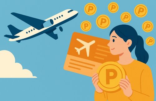 ポイ活で航空券をお得に購入する様子を表現したイラスト。飛行機とポイント、搭乗券を持つ女性が描かれている。