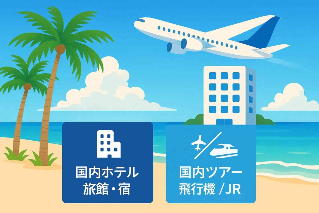南国のビーチを背景にした旅行のイメージ画像。ホテル、新幹線、飛行機が描かれ、国内旅行やパッケージツアーを連想させる構成。