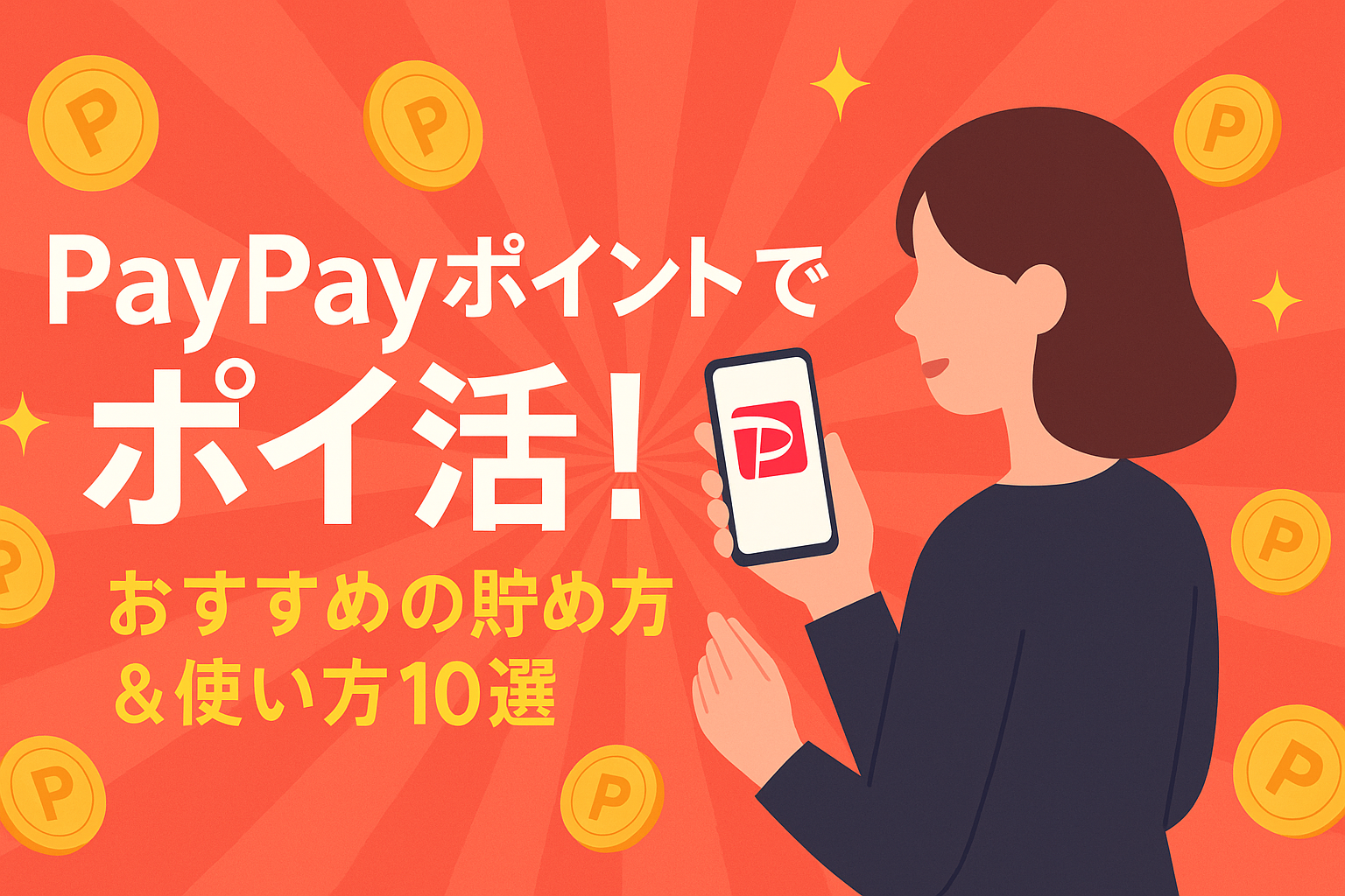 PayPayポイントでポイ活する方法を紹介するブログ記事のアイキャッチ画像。スマホとポイントのイラスト付き。
