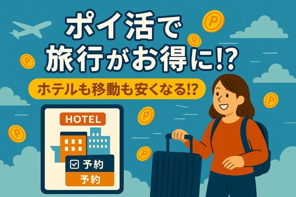 ポイ活で旅行費用をお得にする方法を伝える女性旅行者とホテル予約画面のイラスト