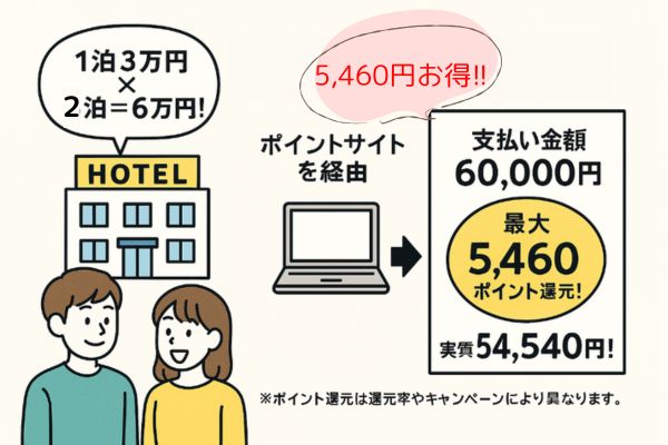 1泊3万円のホテルに恋人と2泊で6万円の支払い。ポイントサイトを経由して予約することで、最大5,460円分のポイント還元を受けられ、実質支払額は54,540円に。『5,460円お得!!』の吹き出し付きイラスト。