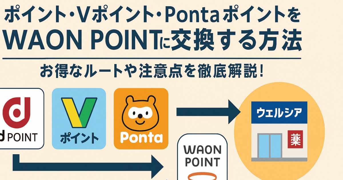 dポイント・Vポイント・PontaポイントをWAON POINTに交換する方法を紹介するアイキャッチ画像。各ポイントのロゴと大きなタイトル文字が表示されている。